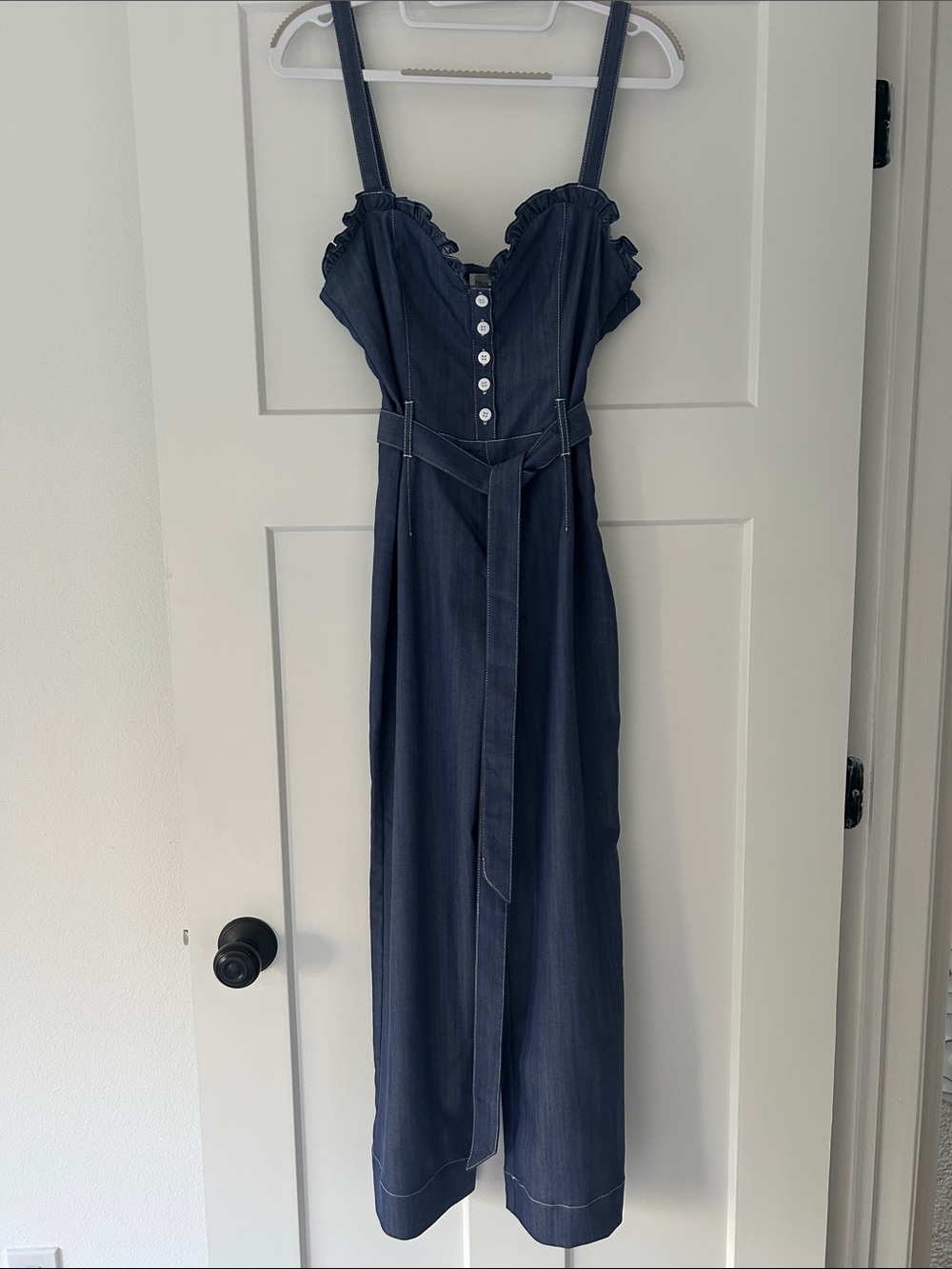 Privacy Please Navy Blue Denim Jumpsuit with Button Front & Tie Belt